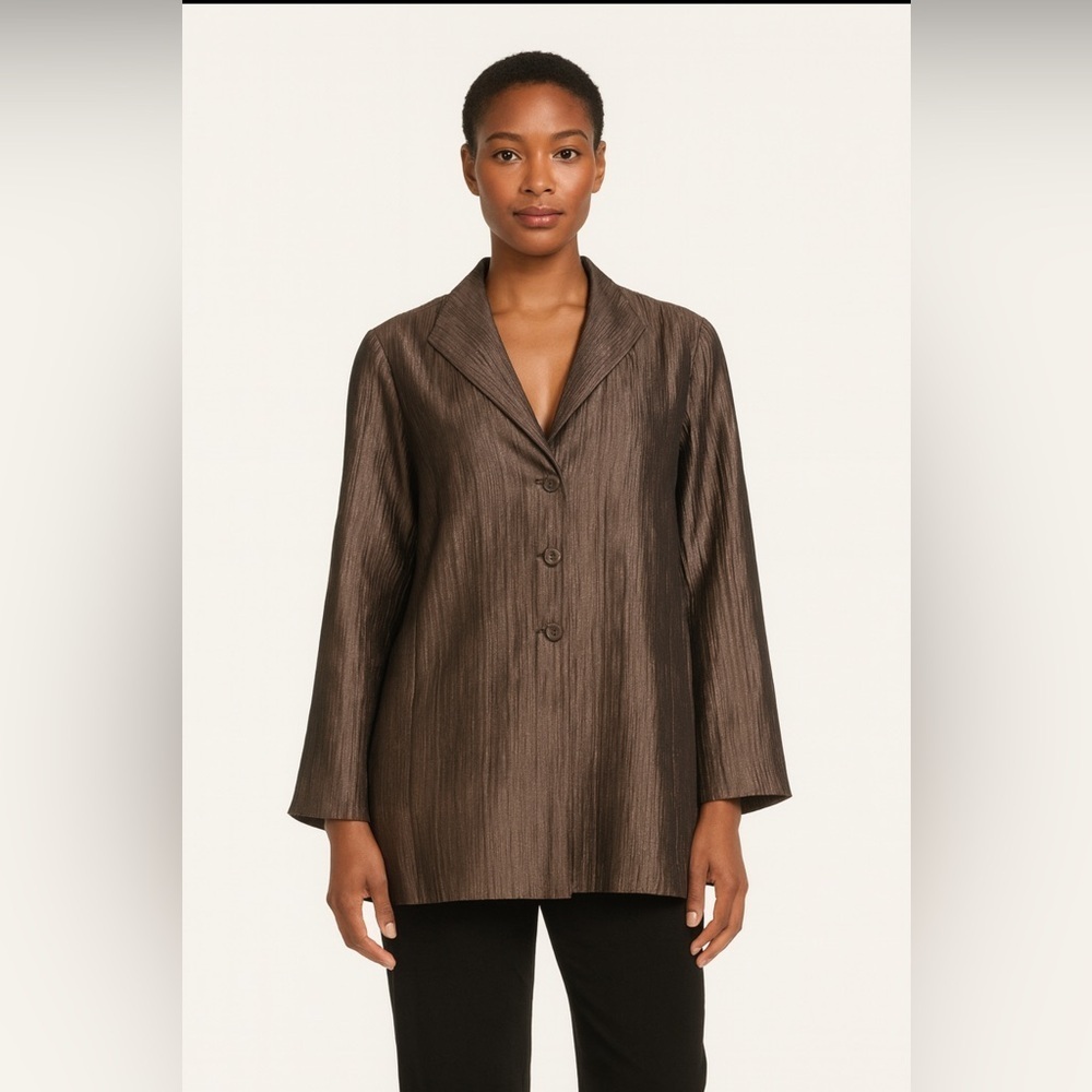 Eileen Fisher Dark Gray Textured Button Down Silk Blend Blazer.    Size-Large